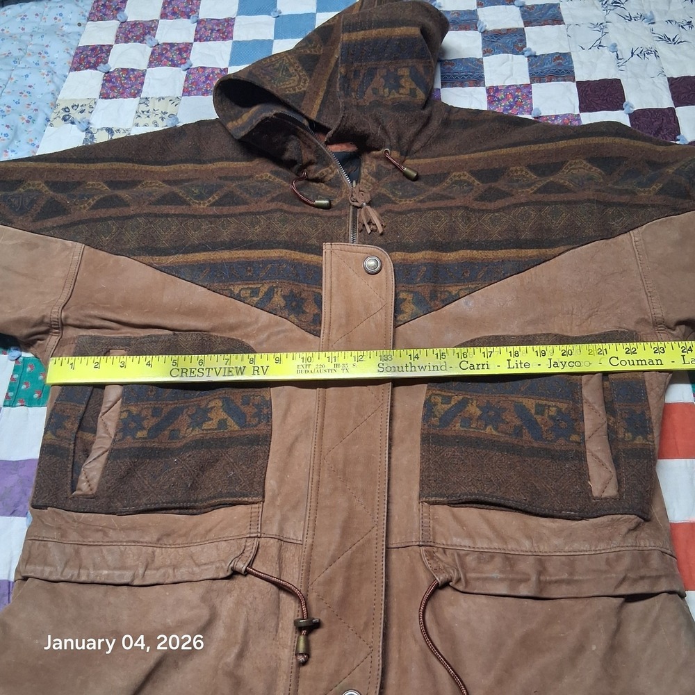 Vintage Winlit Leather & Wool Aztec Southwest Jacket Split Hood Parka Sz Small - Picture 11 of 16